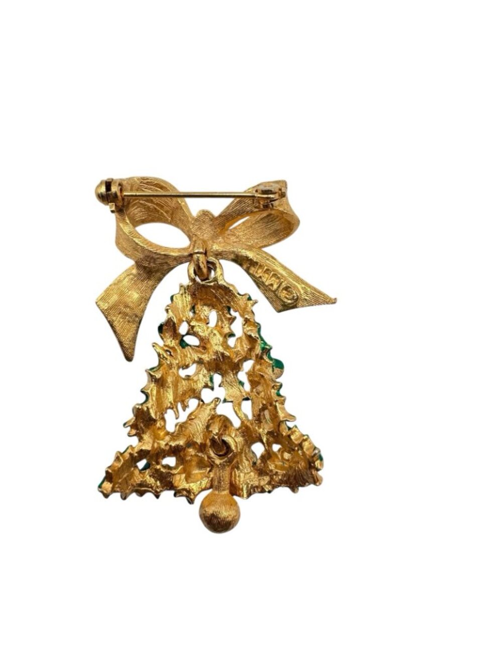 Christmas Tree Brooch Lot of 3 - MYLU Bell Enamel Rhinestone Gold Tone Tree - Picture 7 of 13